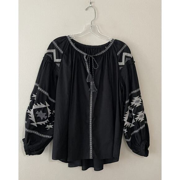 Journal Standard Size F Black Embroidered Peasant Blouse Bohemian Vacation - Picture 5 of 11